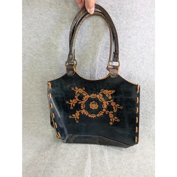 Handcrafted Leather Womens‎ Handbag Floral Embroidered Tote Bag Black Orange - Picture 1 of 8